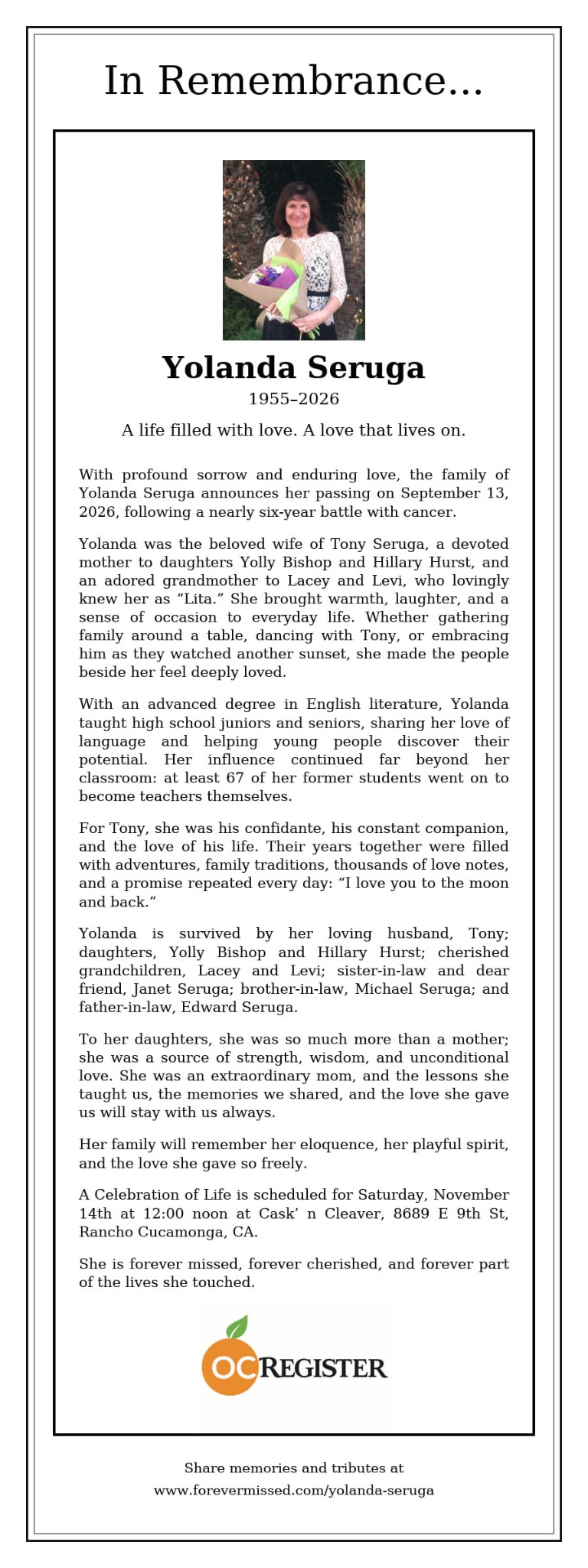 Newspaper obituary keepsake for Yolanda Seruga, 1955–2026, with her photograph, family tribute, Celebration of Life details, and Orange County Register logo. Full obituary text is available on Legacy.com.